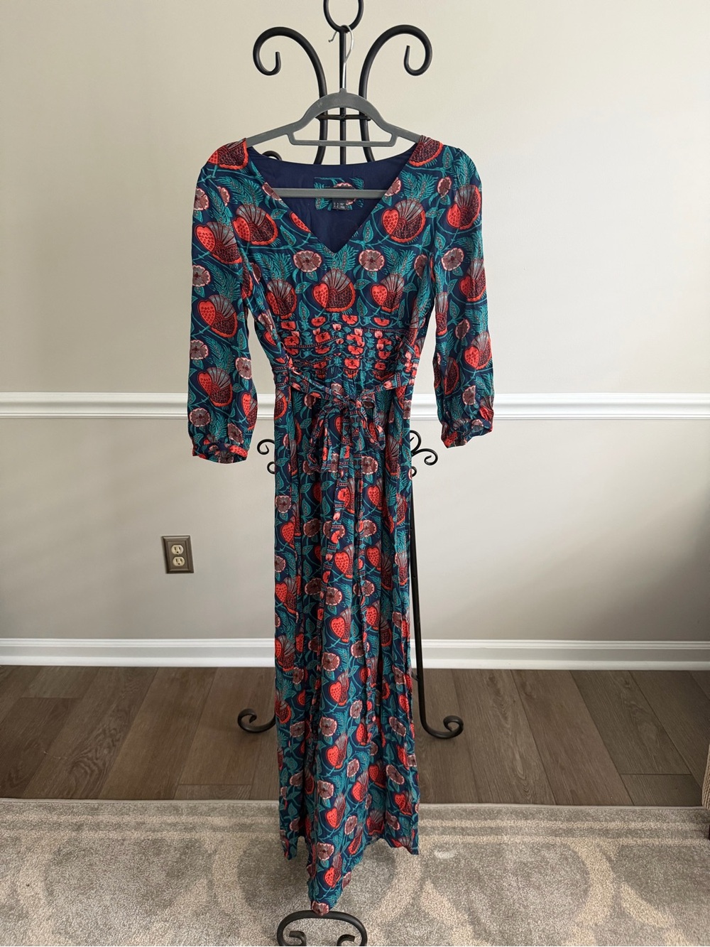 Anthropologie Maeve Philomena Maxi Dress 2 Blue Floral Boho V-Neck Tie Waist - Picture 6 of 10